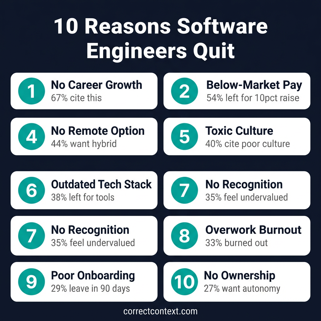 Infographic showing 10 reasons software engineers quit in 2025