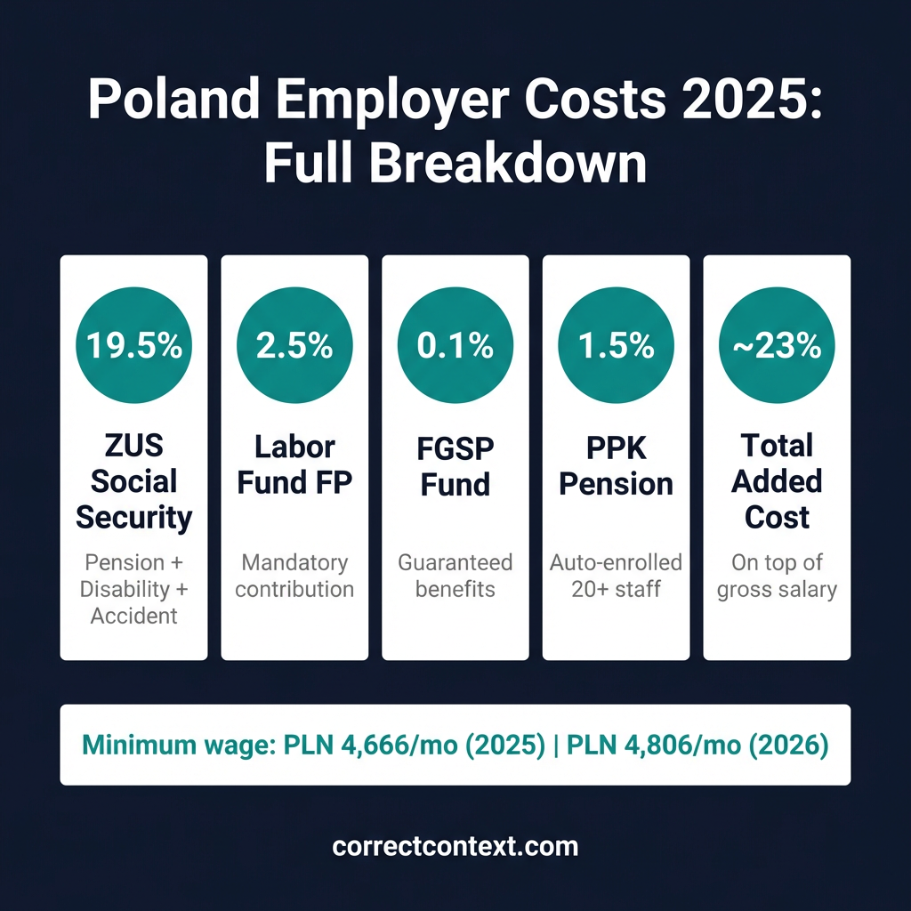 Poland employer costs breakdown showing ZUS, Labor Fund, FGSP, and PPK contributions