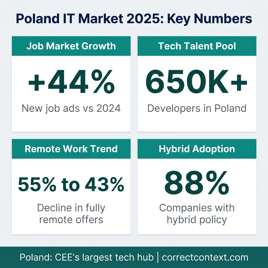 Poland IT Market 2025 key statistics infographic showing job growth and remote work trends