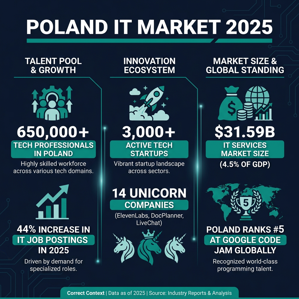 Poland IT market statistics 2025 infographic showing 650000 tech professionals and 44 percent job growth