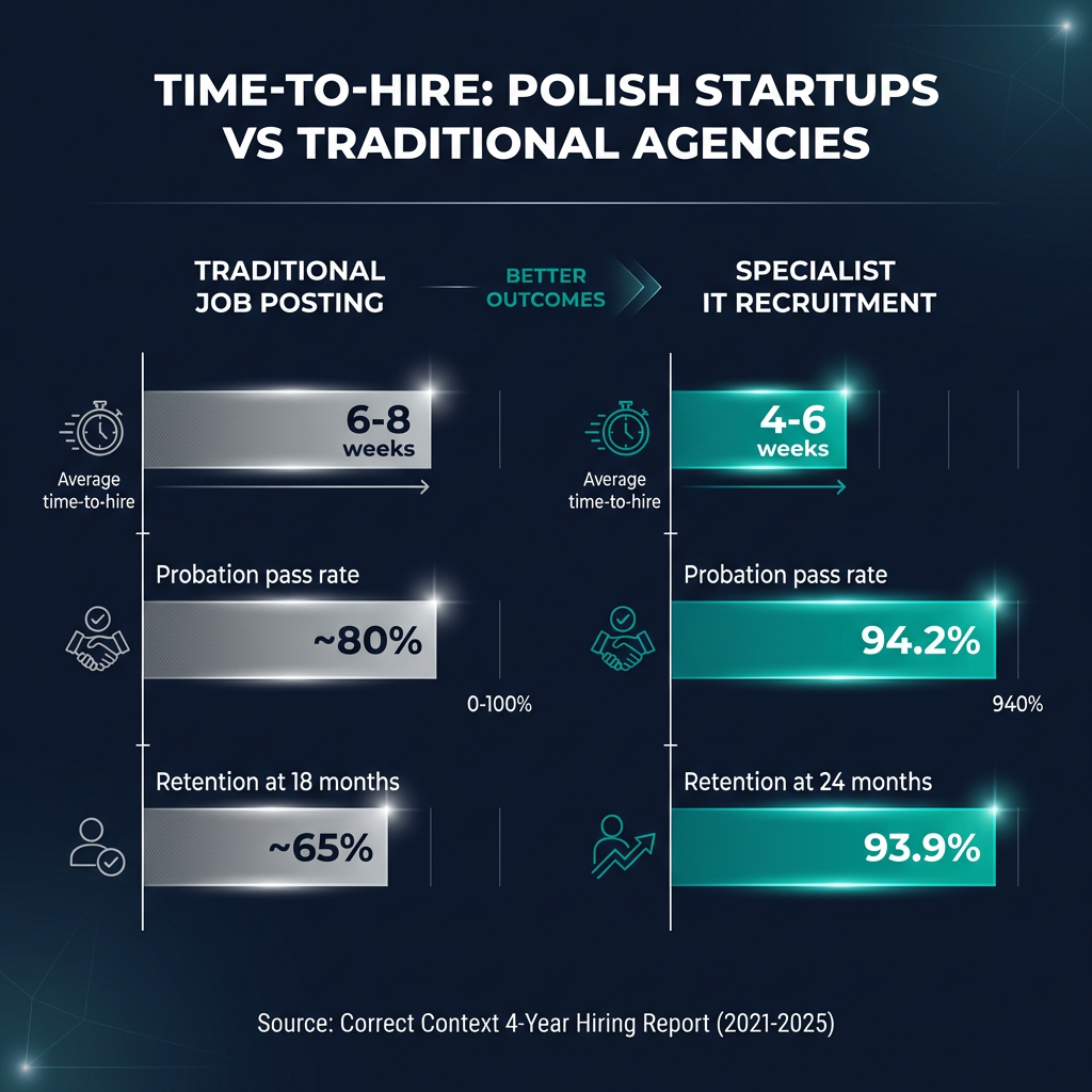 Hiring performance comparison chart showing 94.2 percent probation pass rate for specialist IT recruitment vs traditional posting in Poland