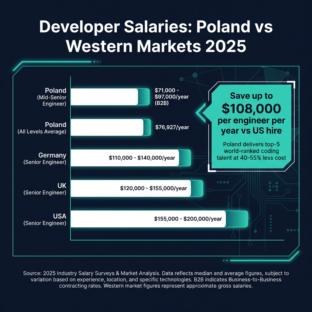 Developer salary comparison chart Poland vs USA UK Germany 2025 showing cost savings for hiring in Polish startups