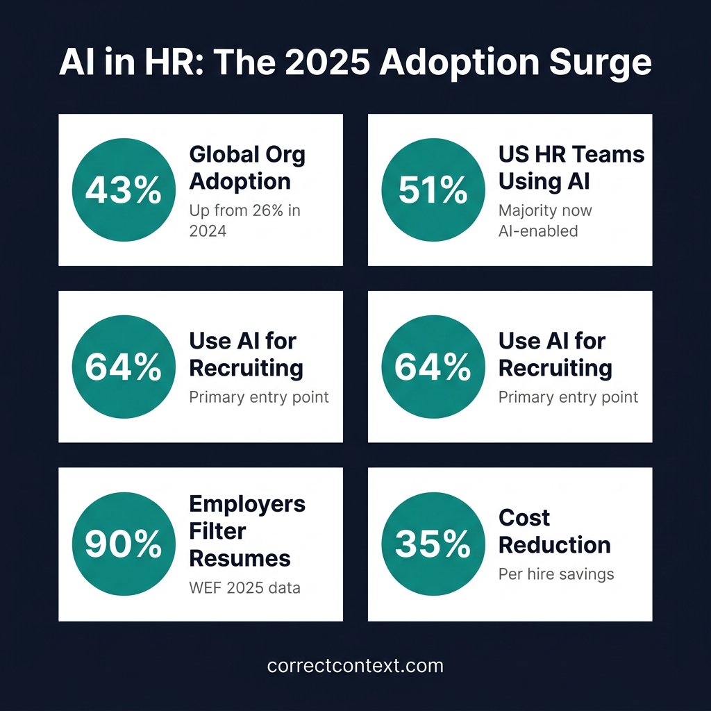 AI in HR adoption statistics showing 43% global adoption, 51% US HR teams, 64% using AI for recruiting