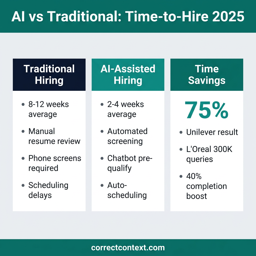 AI vs traditional hiring comparison showing 75% time savings and efficiency gains