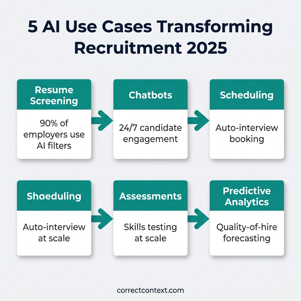 Five AI use cases in recruitment: resume screening, chatbots, scheduling, assessments, predictive analytics