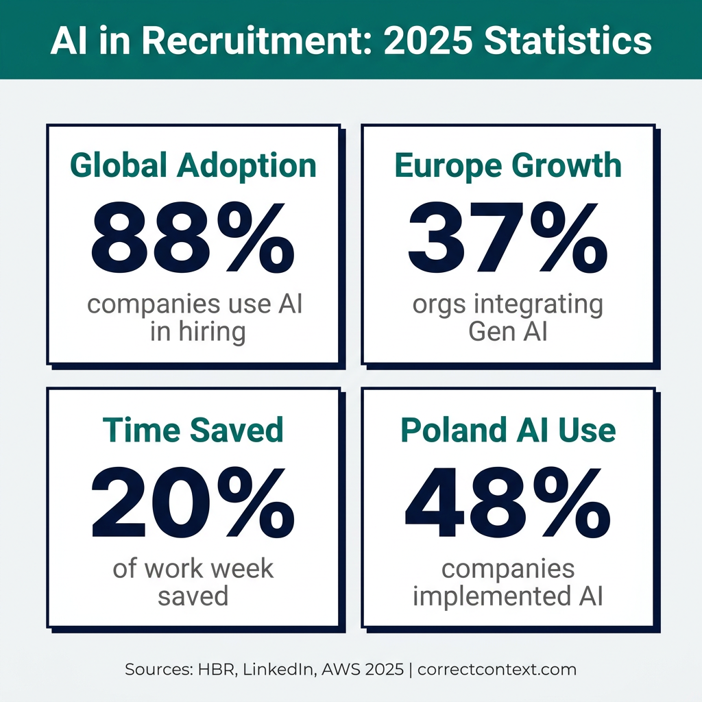 AI in Recruitment 2025 Statistics showing 88% global adoption, 37% Europe growth, 20% time saved, and 48% Poland AI usage
