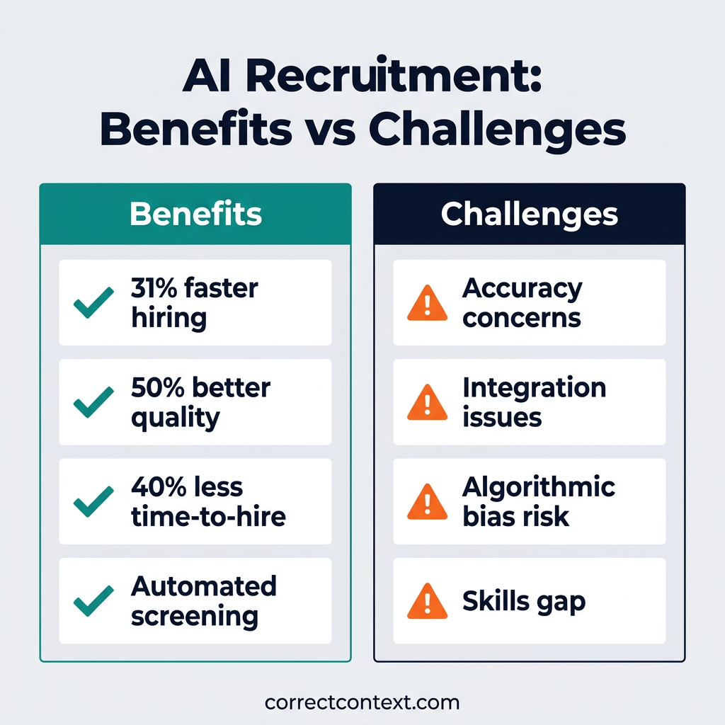 AI Recruitment Benefits vs Challenges comparison infographic showing 31% faster hiring, 50% better quality, and key challenges like accuracy concerns and bias risks