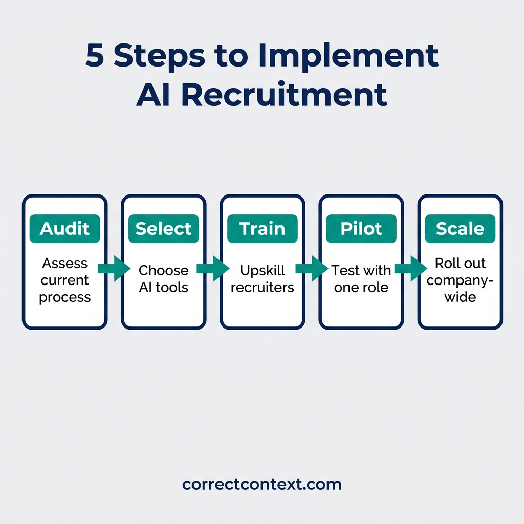 5 Steps to Implement AI Recruitment showing Audit, Select, Train, Pilot, and Scale phases