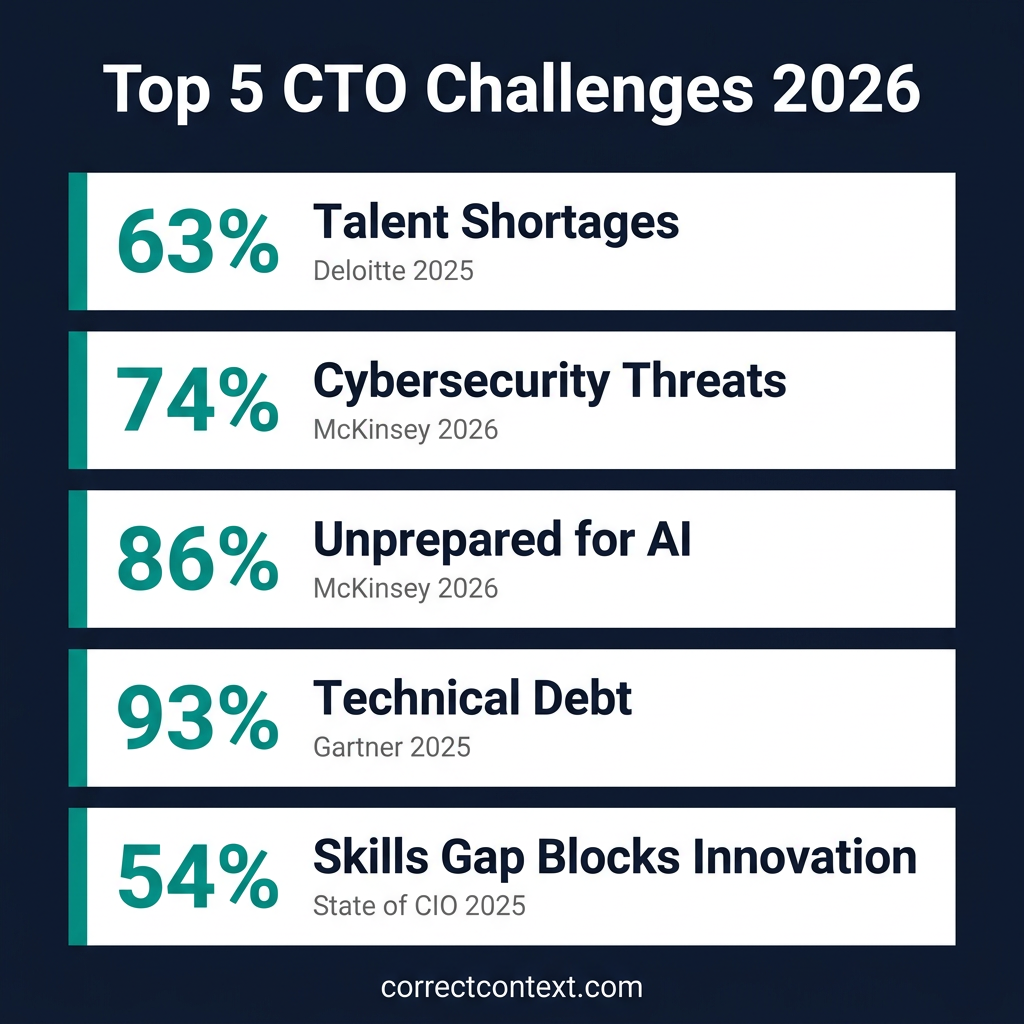 Top 5 CTO Challenges 2026 statistics infographic showing talent shortages 63%, cybersecurity threats 74%, AI unpreparedness 86%, technical debt 93%, and skills gap blocking innovation 54%