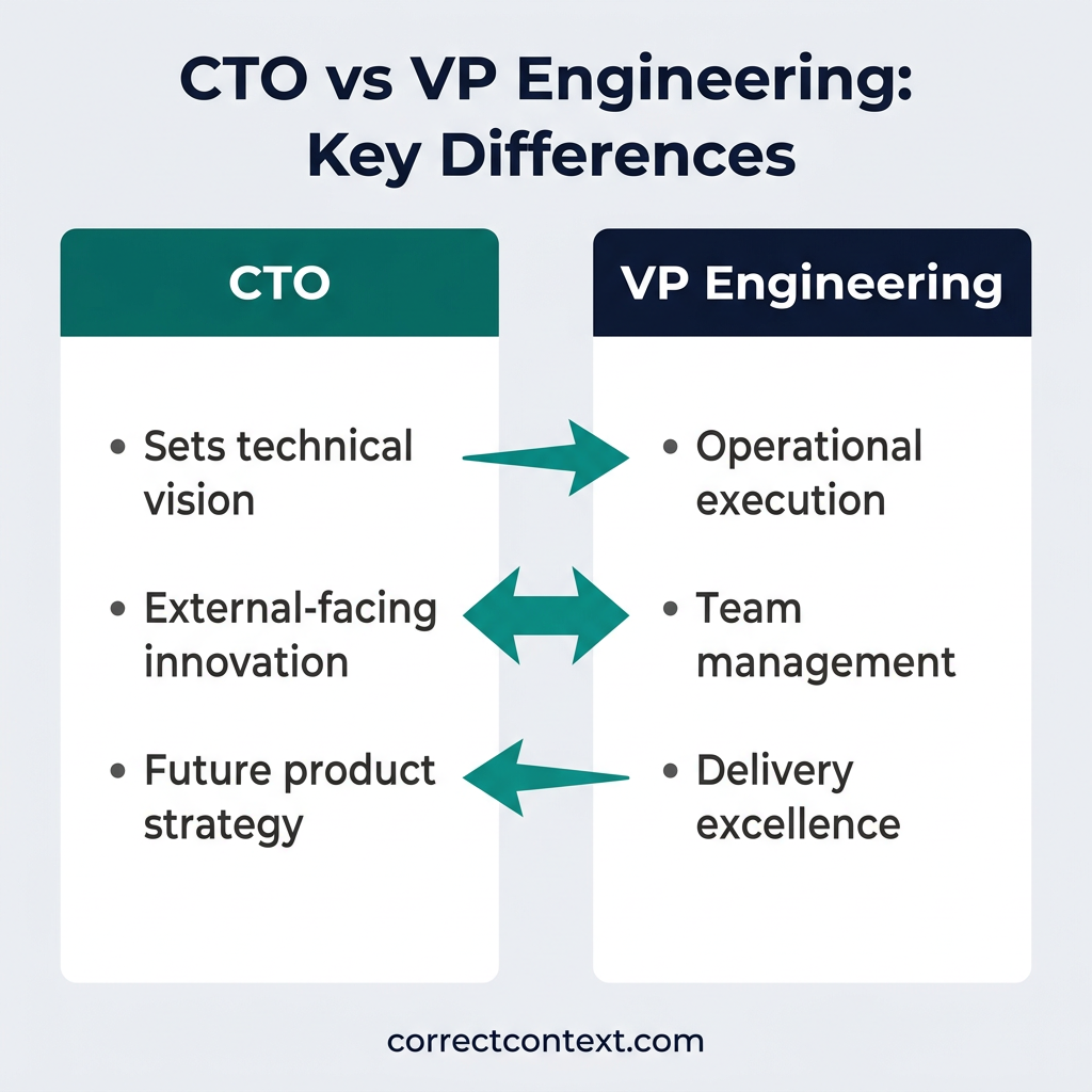 CTO vs VP Engineering comparison infographic showing key differences between strategic vision and operational execution roles