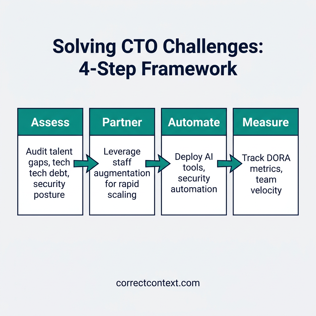 Solving CTO Challenges 4-Step Framework showing Assess, Partner, Automate, and Measure stages