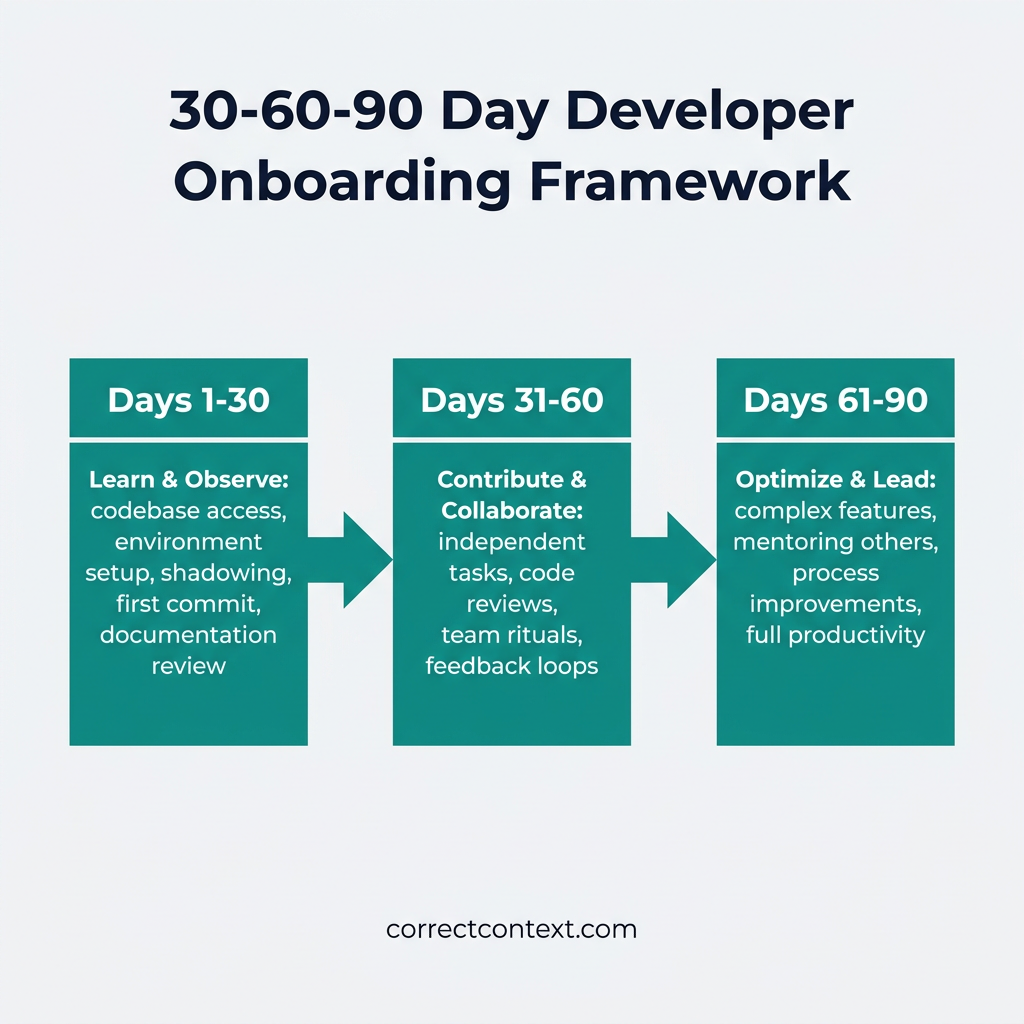 30-60-90 day developer onboarding framework infographic