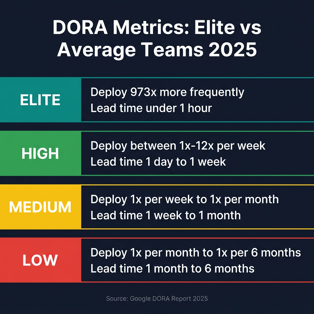 DORA metrics comparison infographic showing elite vs average team performance levels