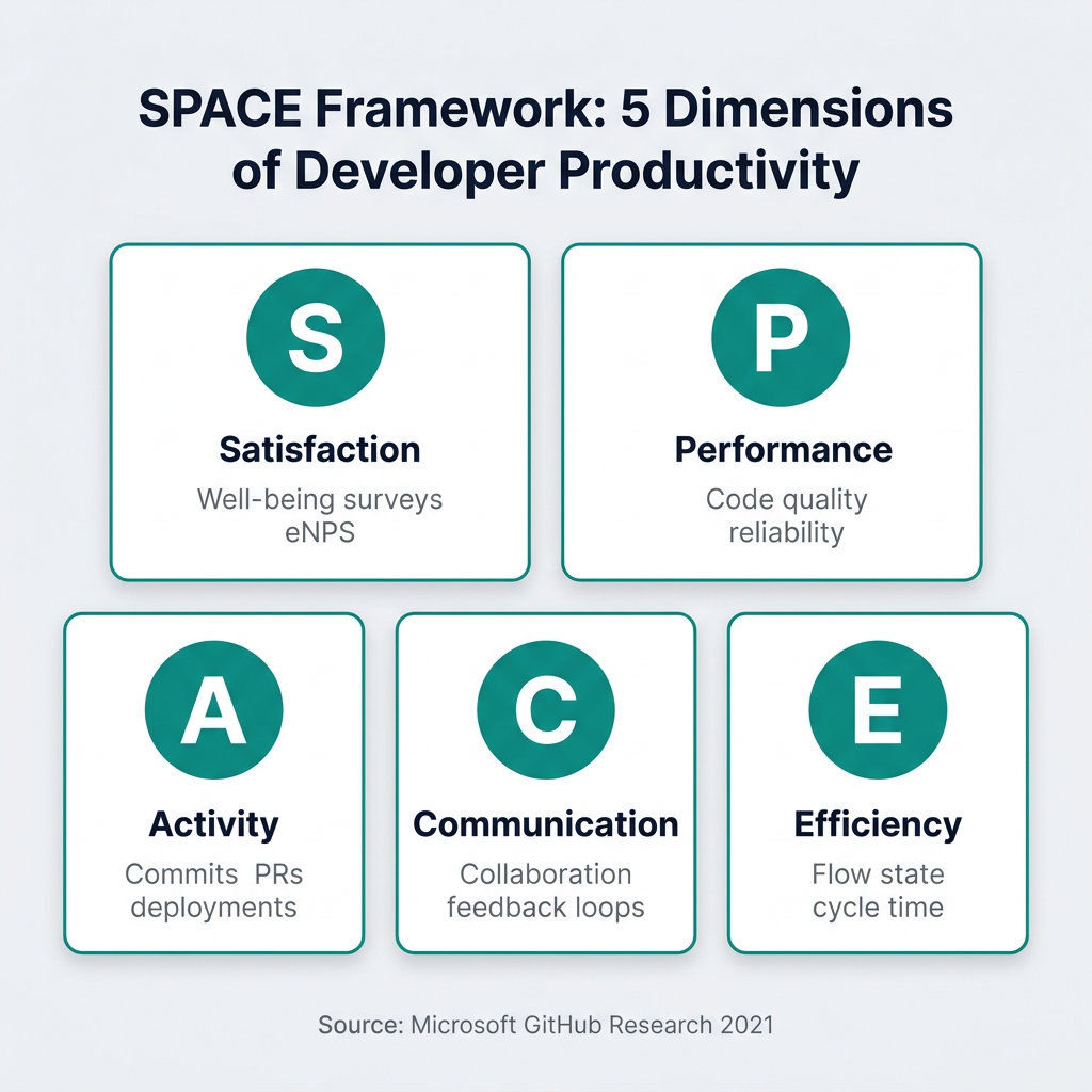 SPACE framework five dimensions of developer productivity infographic