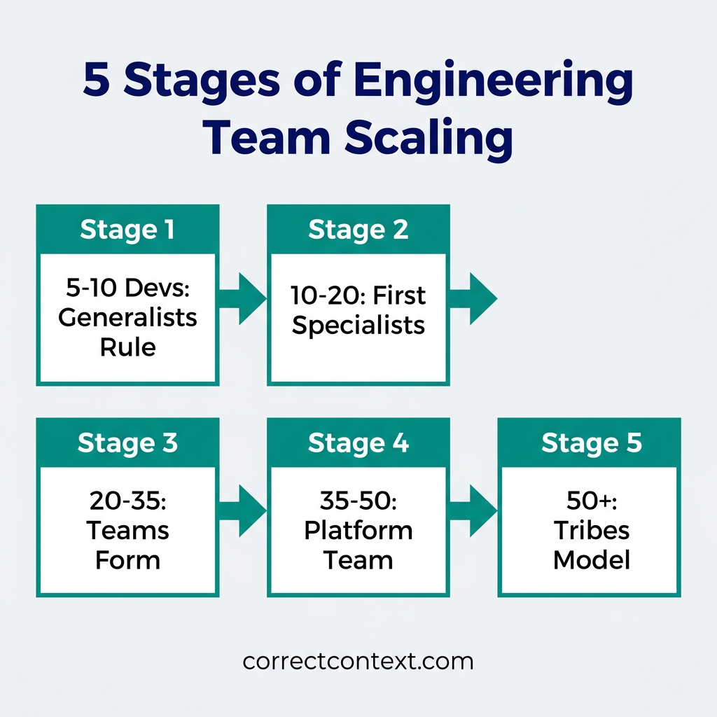 Five stages of engineering team scaling from 5 to 50+ developers