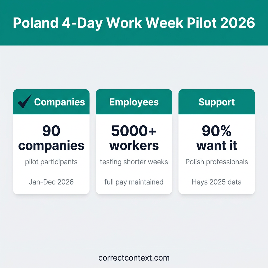 Poland 4-day work week pilot 2026 infographic showing 90 companies and 5000 employees