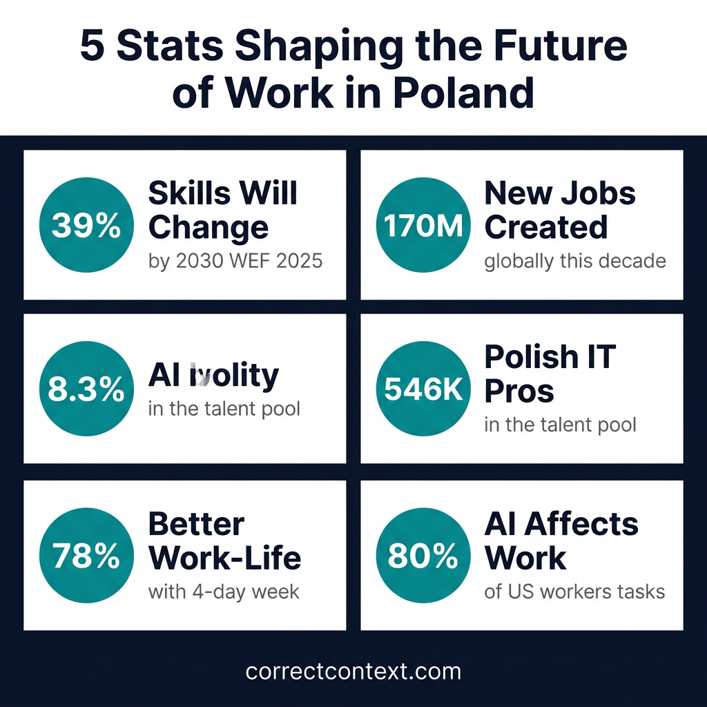 5 stats shaping future of work in Poland infographic showing 39% skills change, 170M new jobs, 546K IT pros