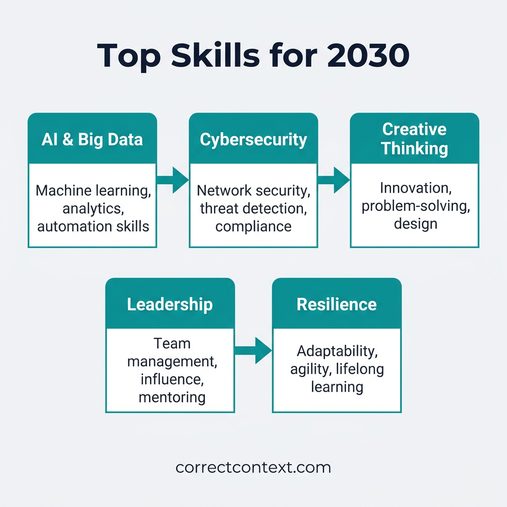Top skills for 2030 infographic showing AI, cybersecurity, creative thinking, leadership, and resilience
