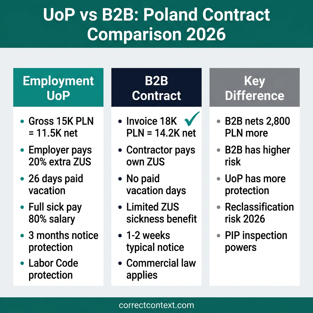 UoP vs B2B contract comparison Poland 2026 - salary and benefits breakdown