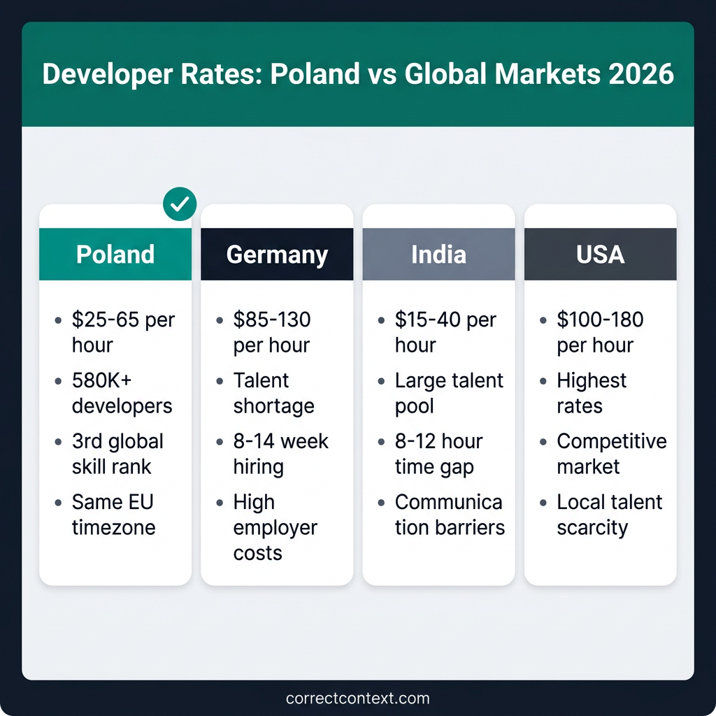 Developer rates comparison infographic showing Poland vs Germany vs India vs USA hourly costs