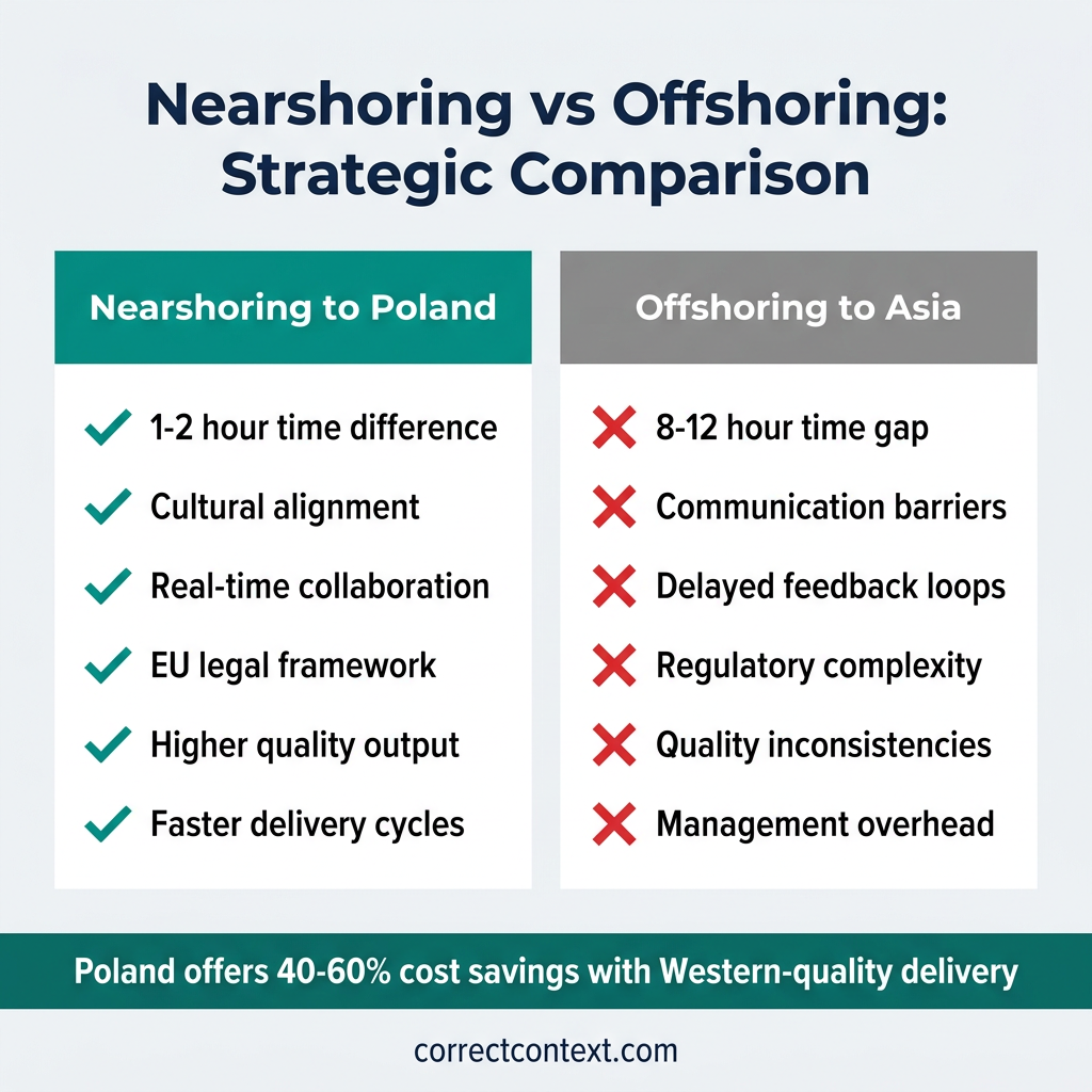 Nearshoring vs Offshoring strategic comparison infographic showing time differences and collaboration factors