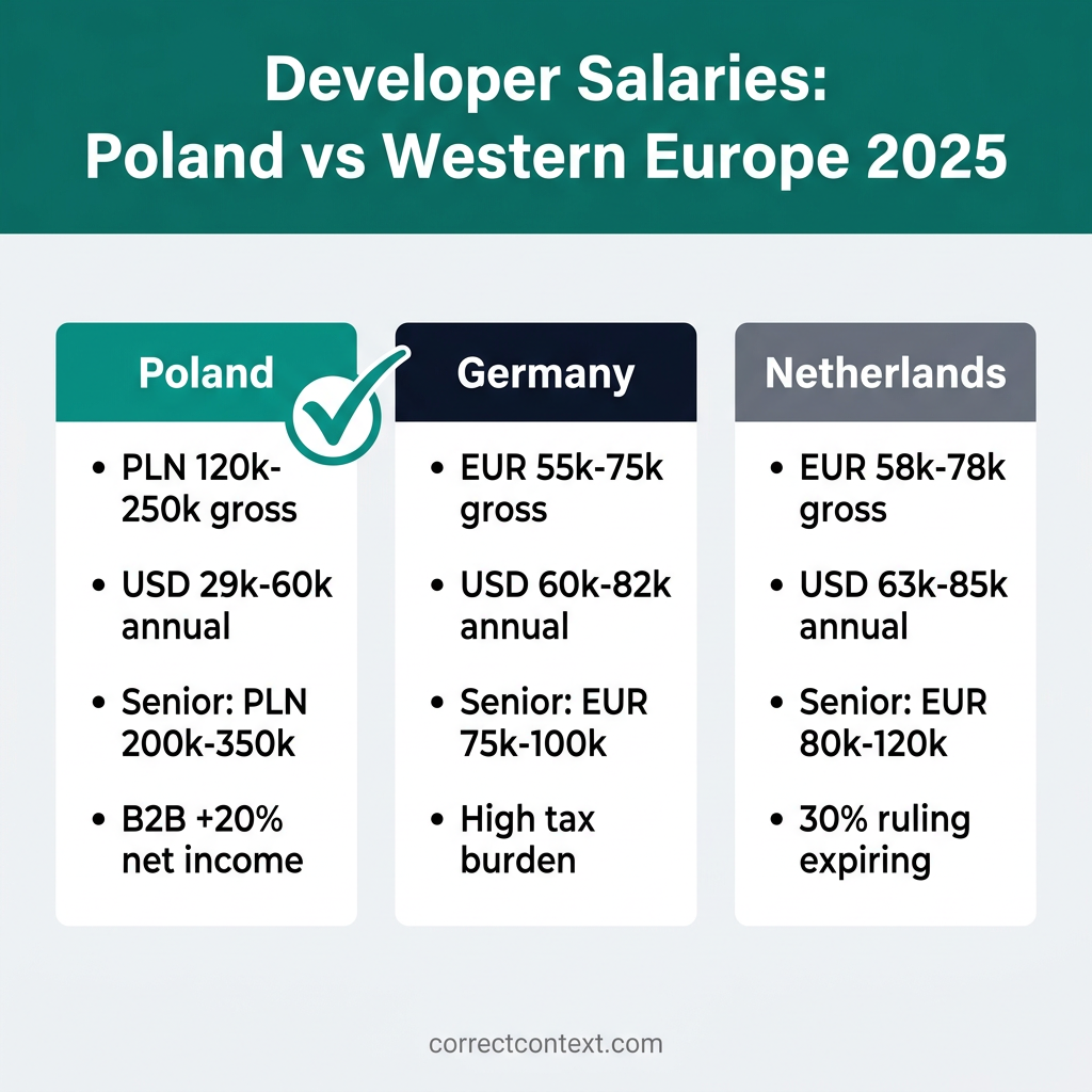 Developer salary comparison between Poland, Germany, and Netherlands for 2025 showing annual gross compensation ranges