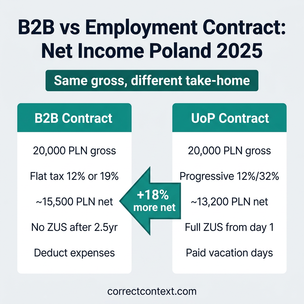 Comparison of B2B contract vs employment contract net income in Poland for 2025 showing tax and contribution differences