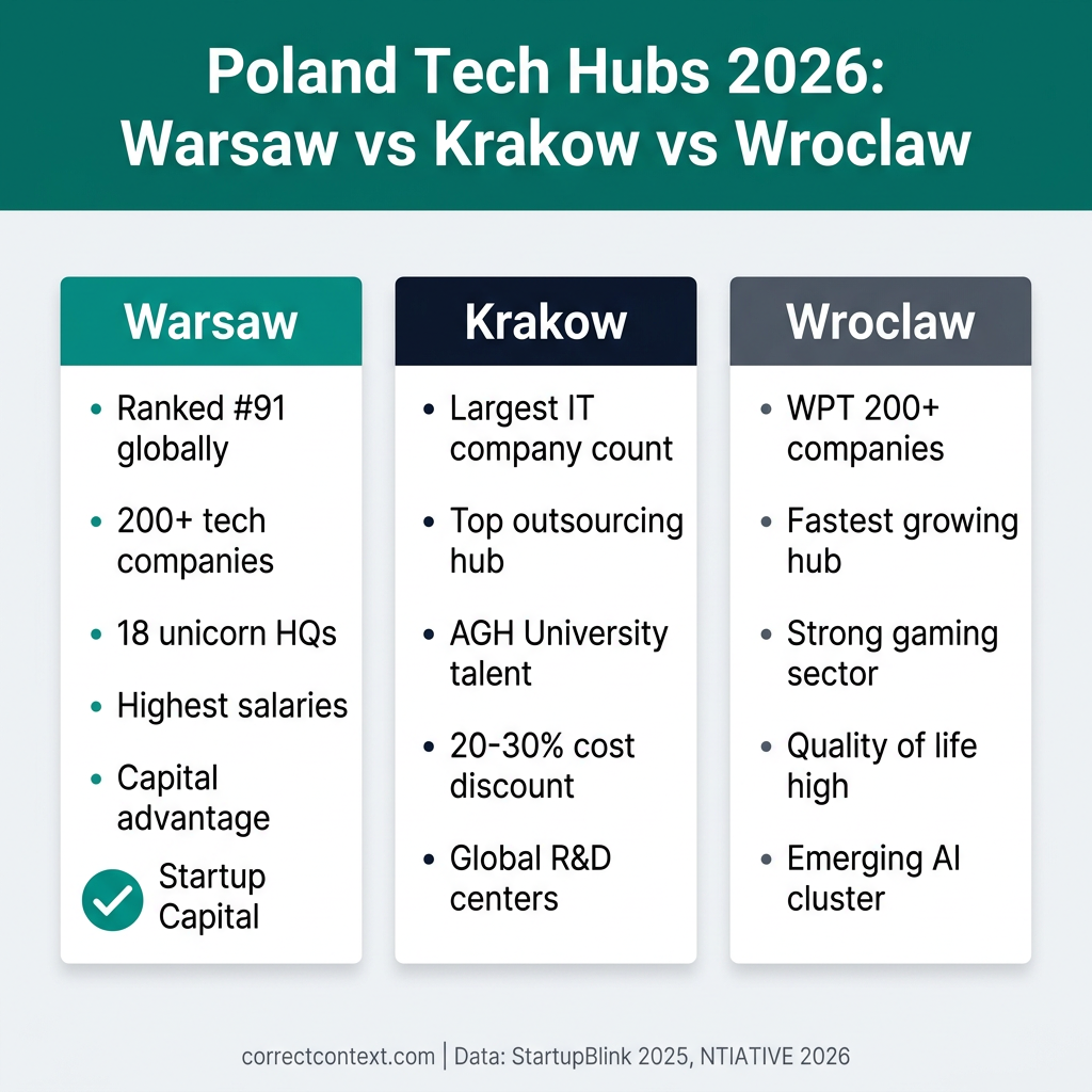 Poland tech hubs comparison 2026 - Warsaw vs Krakow vs Wroclaw infographic