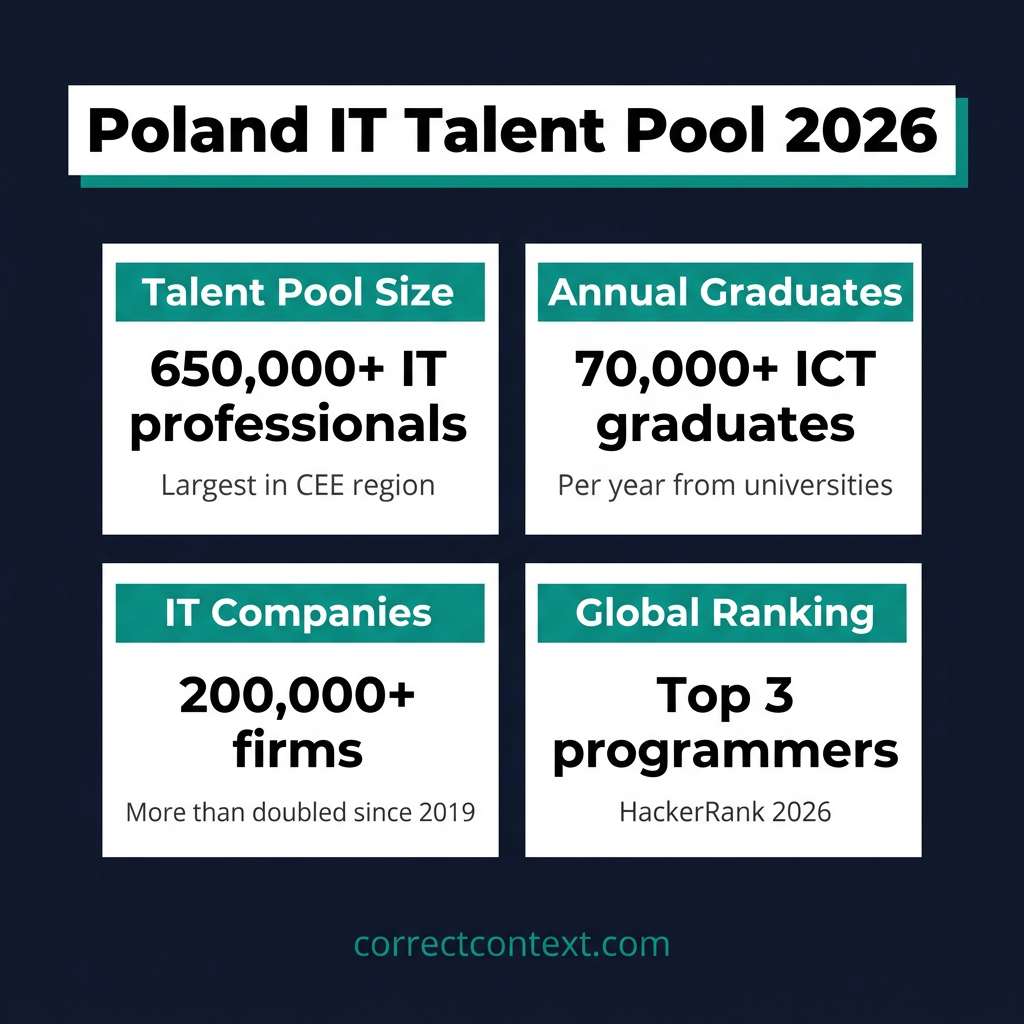 Poland IT Talent Pool 2026 infographic showing 650000 professionals 70000 annual graduates 200000 companies and top 3 global ranking