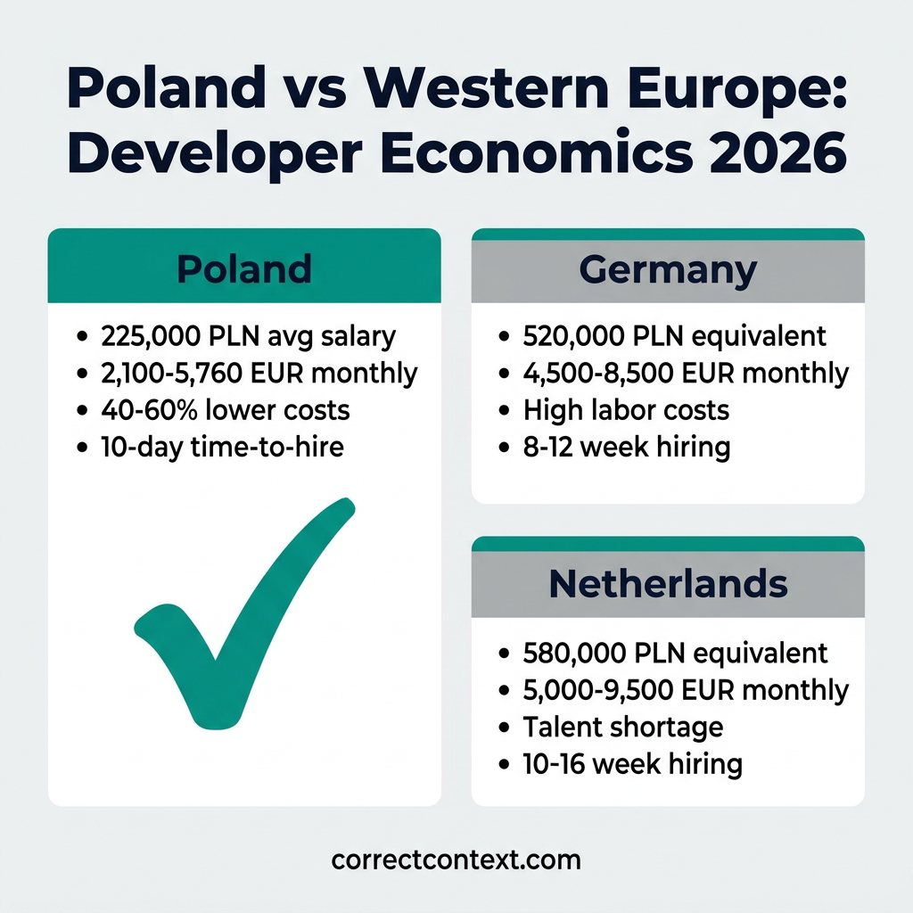 Poland vs Western Europe developer economics comparison showing salary differences and hiring timelines
