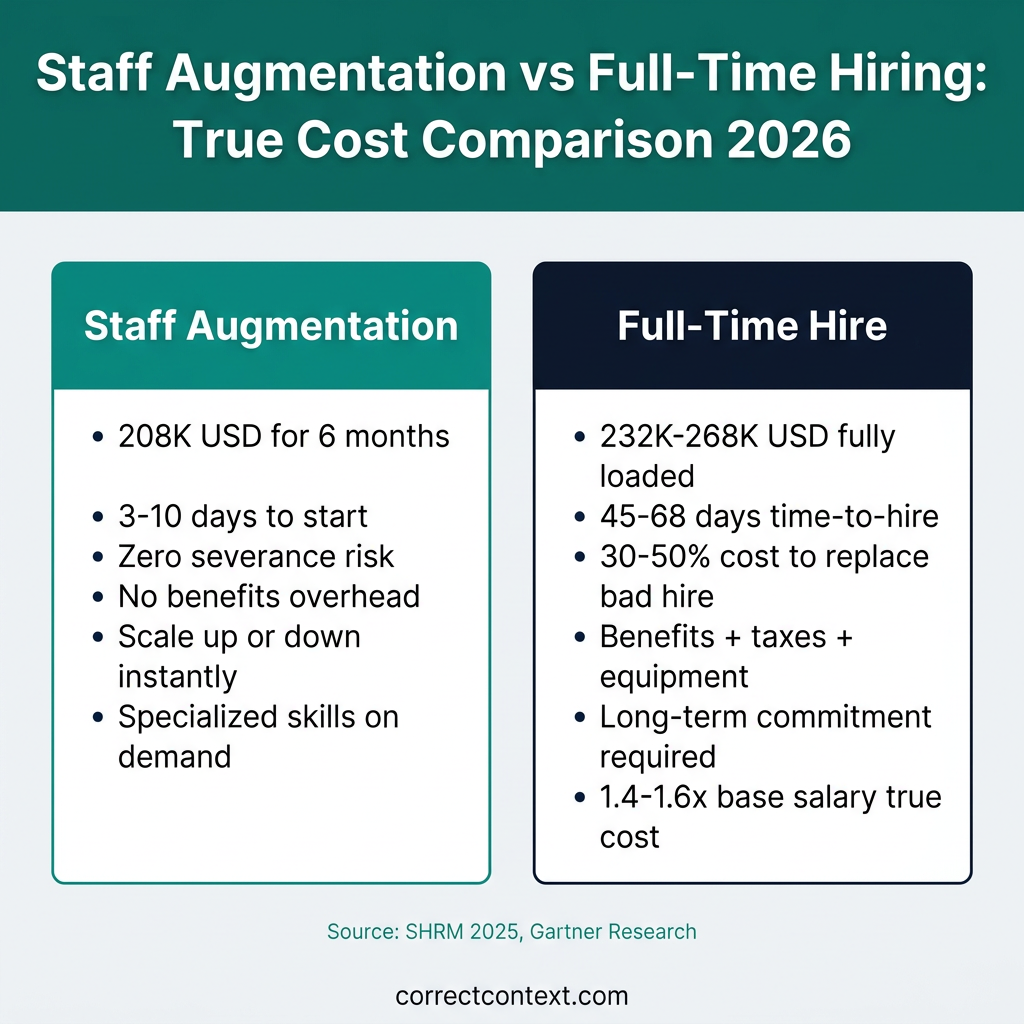 Staff augmentation vs full-time hiring cost comparison infographic showing true costs for 2026