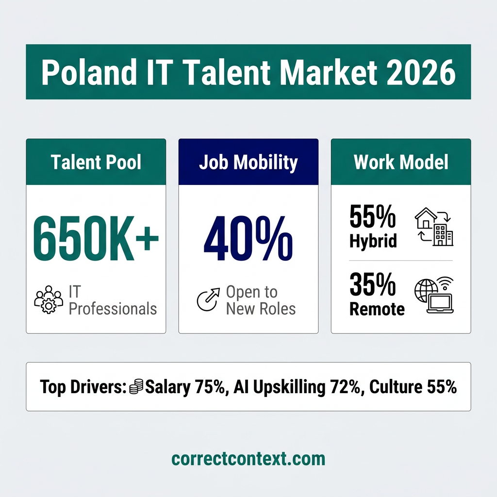 Poland IT talent market 2026 statistics showing 650K professionals and 40% job mobility