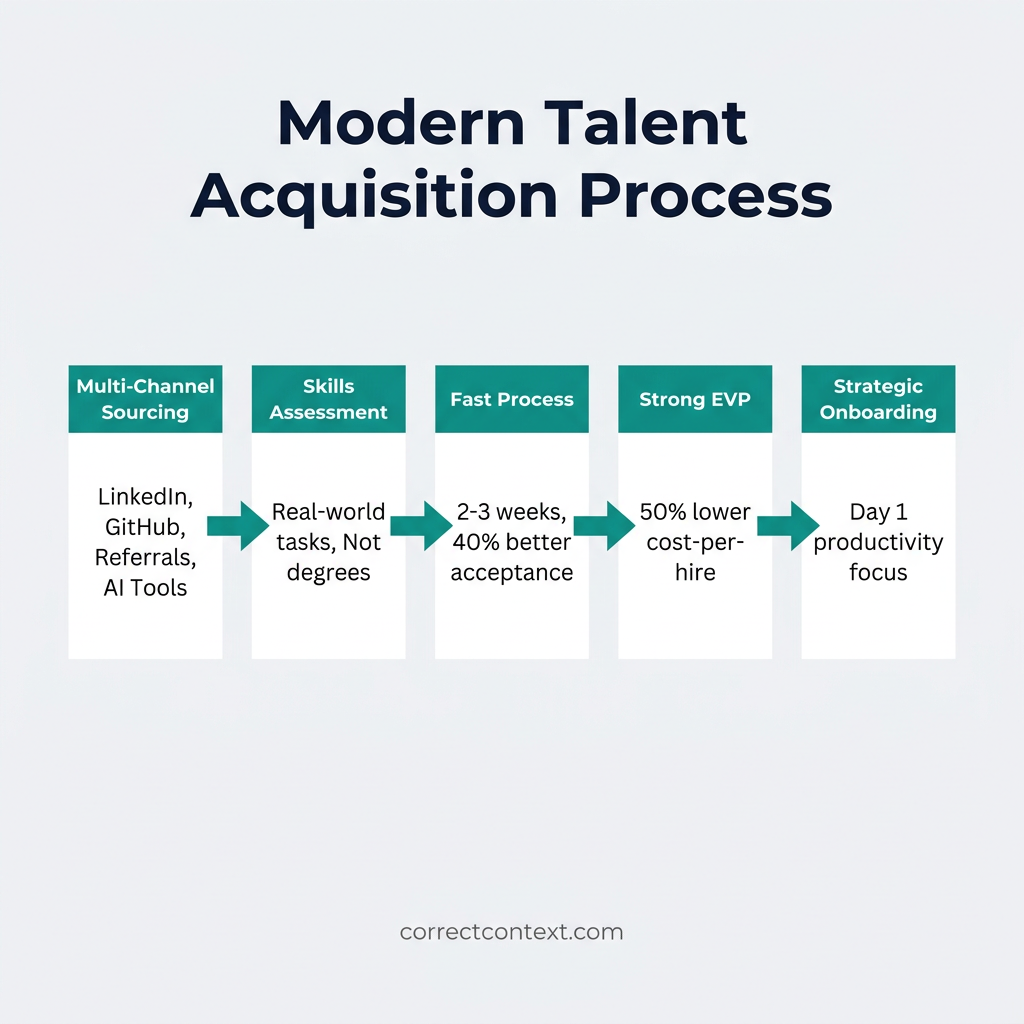 Modern talent acquisition process infographic showing 5 steps from sourcing to onboarding