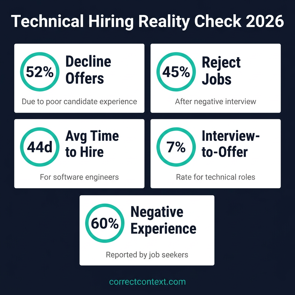 Technical hiring statistics showing 52% decline offers due to poor experience, 45% reject jobs after negative interviews