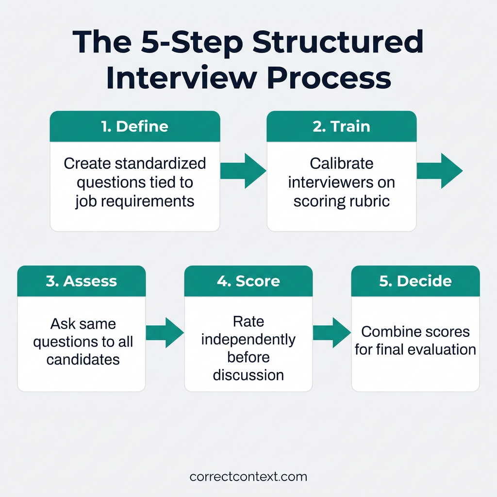 Five-step structured interview process showing define, train, assess, score, and decide stages